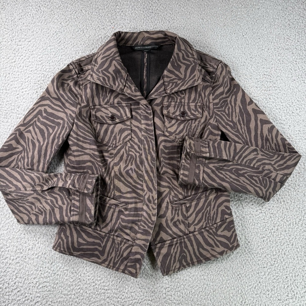 WHBM Denim Jacket Womens 4 Zebra Print Snap Front Pockets Brown Artsy Casual